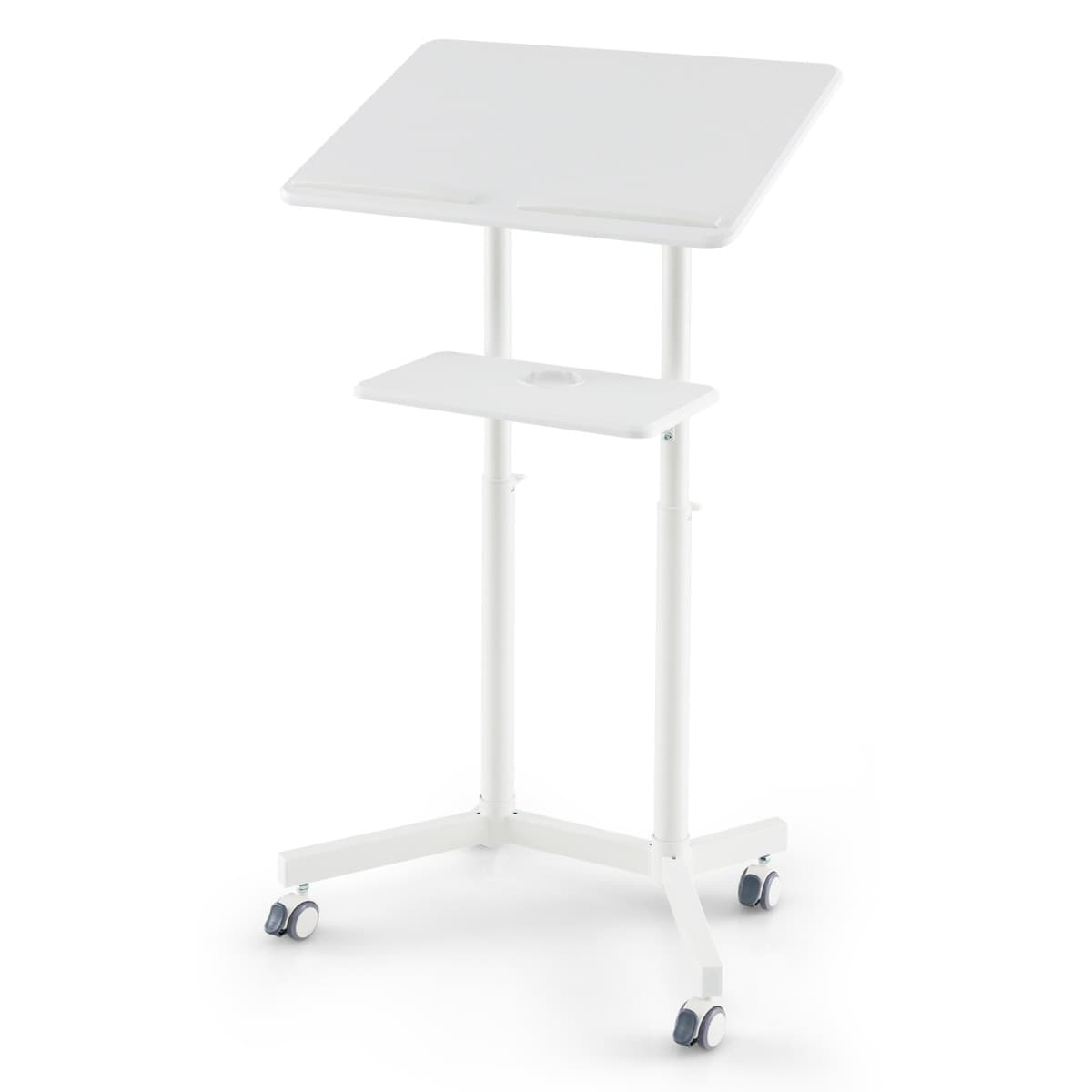 CostwayPupitre Mobile Petit Bureau Debout Roulant pour Ordinateur Portable Hauteur Réglable Plateau Inclinable Etagère Porte-gobelet Blanc