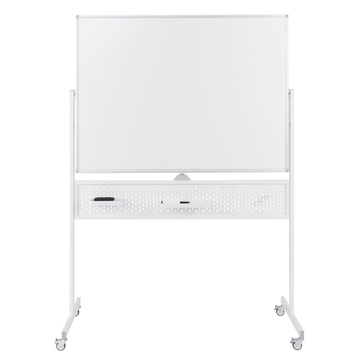 CostwayTableau Blanc Effaçable à Sec Mobile Double Face 120 x 90 cm avec Support Tableau Blanc Magnétique sur Pied avec Panneau Perforé Blanc